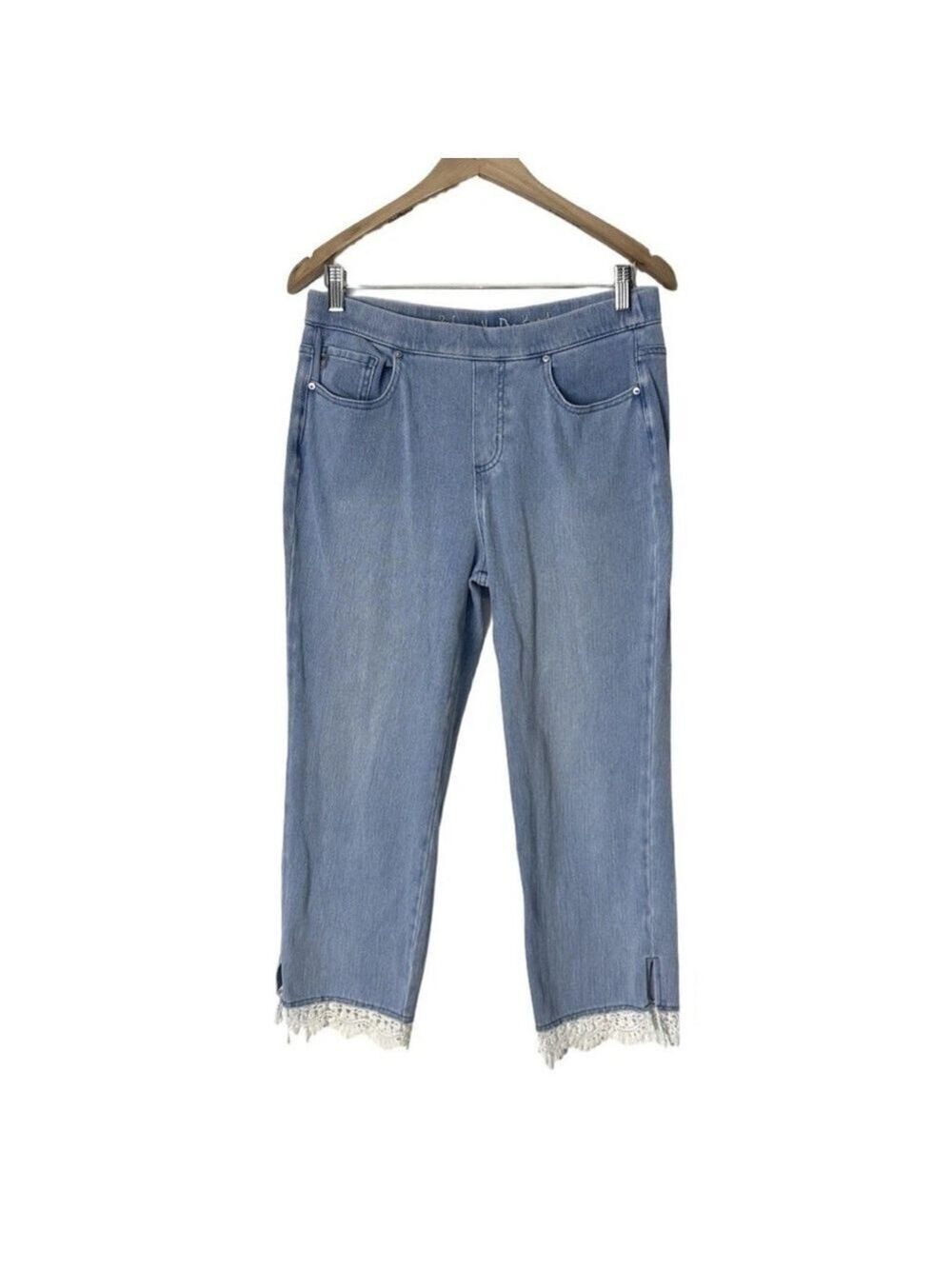 Belle by Kim Gravel Flexibelle Crop Jeans Size 8 Pull On Stretch Lace Hem Beach